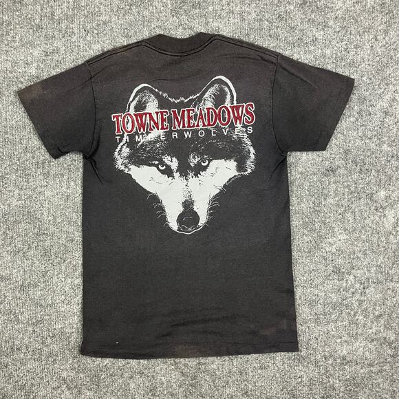 Oneita T-Shirt Mens Size S Black Towne Meadows Timberwolves Wolf Graphic Tee - Picture 2 of 9